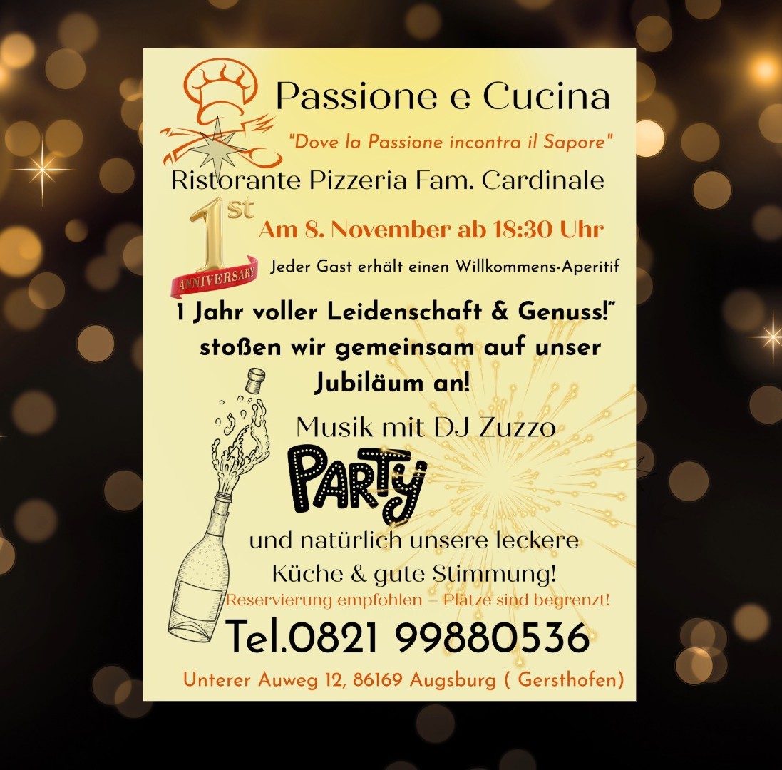 einladungsplakat, 1-jähriges jubiläum, passione e cucina
