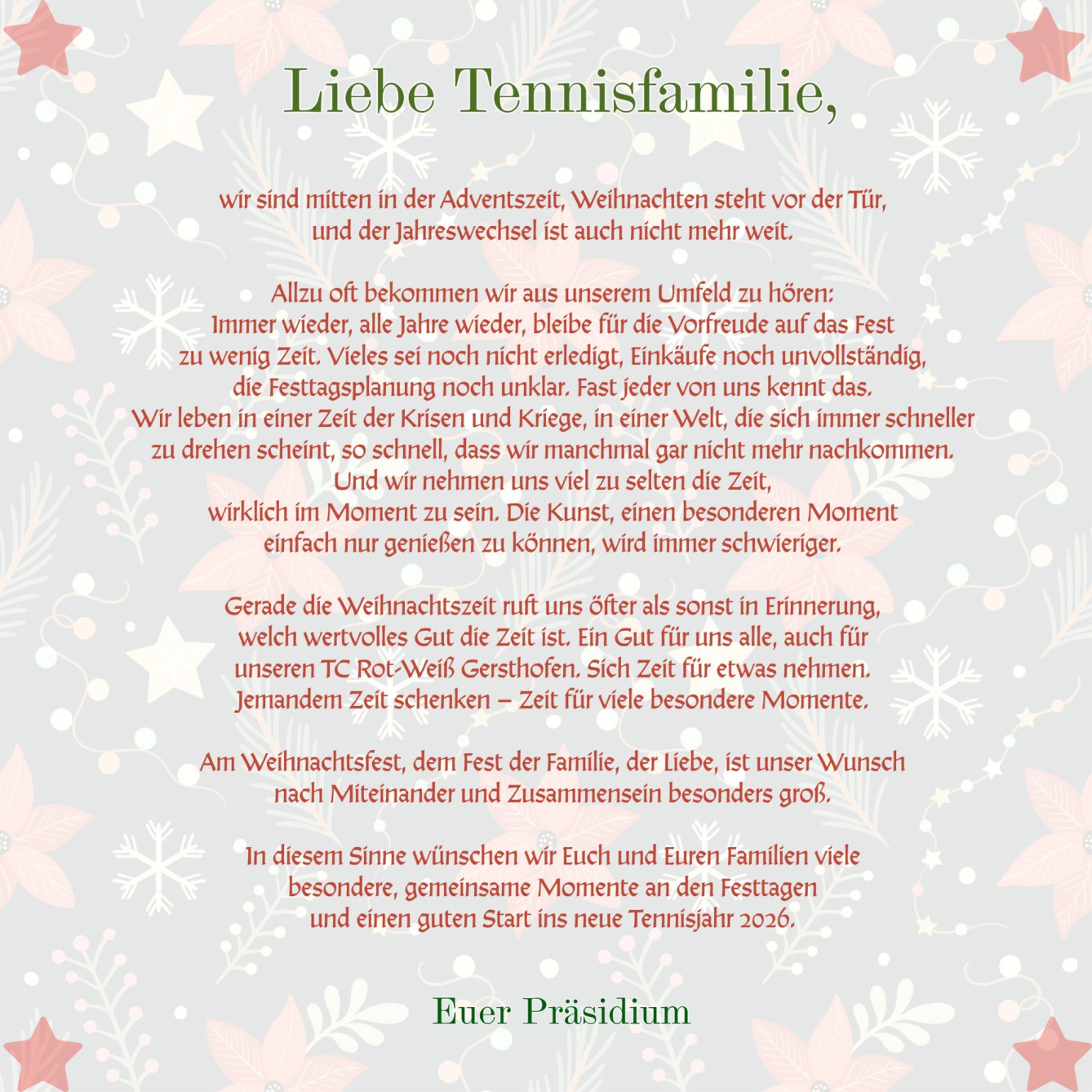 Weihnachtsgrüße 2025 vom Präsidium TC Rot-Weiß Gersthofen