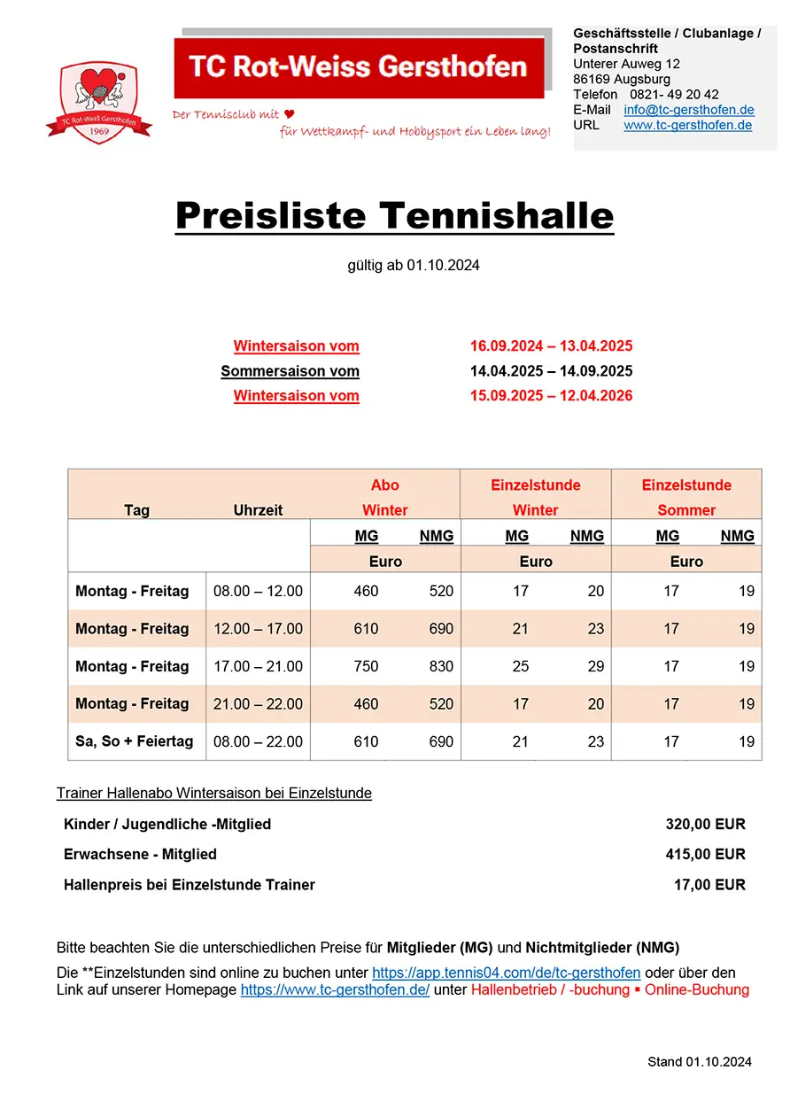 Preisliste Tennishalle