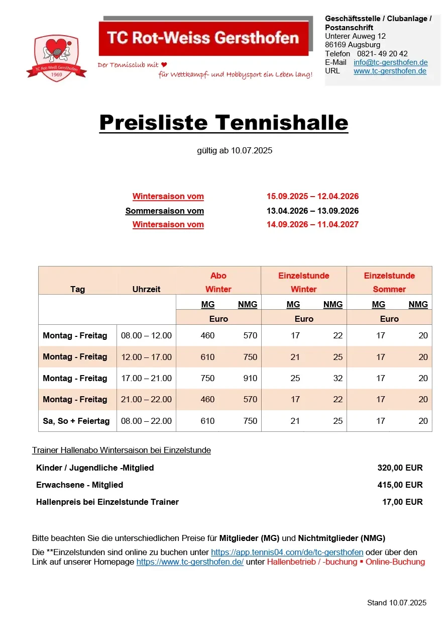 Preisliste Tennishalle