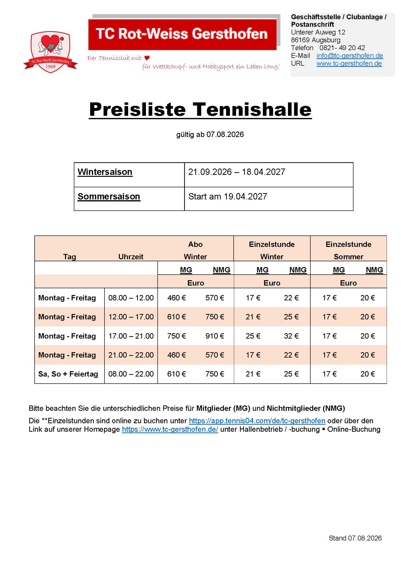 Preisliste Tennishalle